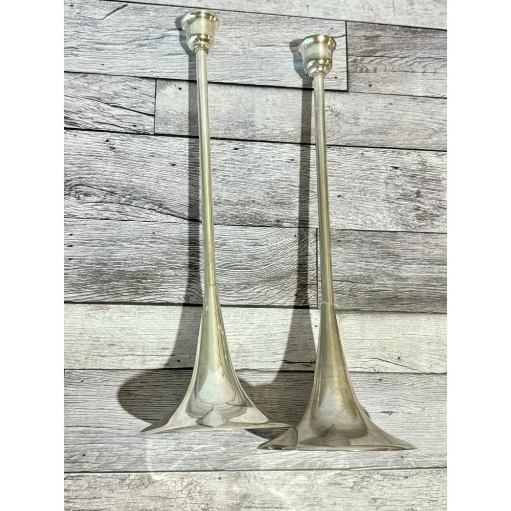Vintage Silver Plated Candlestick Holders Set  2 Mid Century Modern Trumpet 12